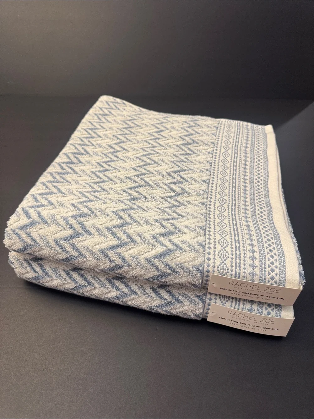 2pc RACHEL ZOE 100% Cotton(EOD) Chevron Pattern Bath Towel Set -Blue/White